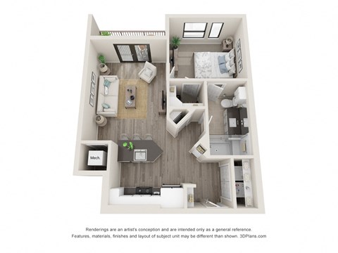 Floor plan for 1 bed, 1 bath, 681 sqft